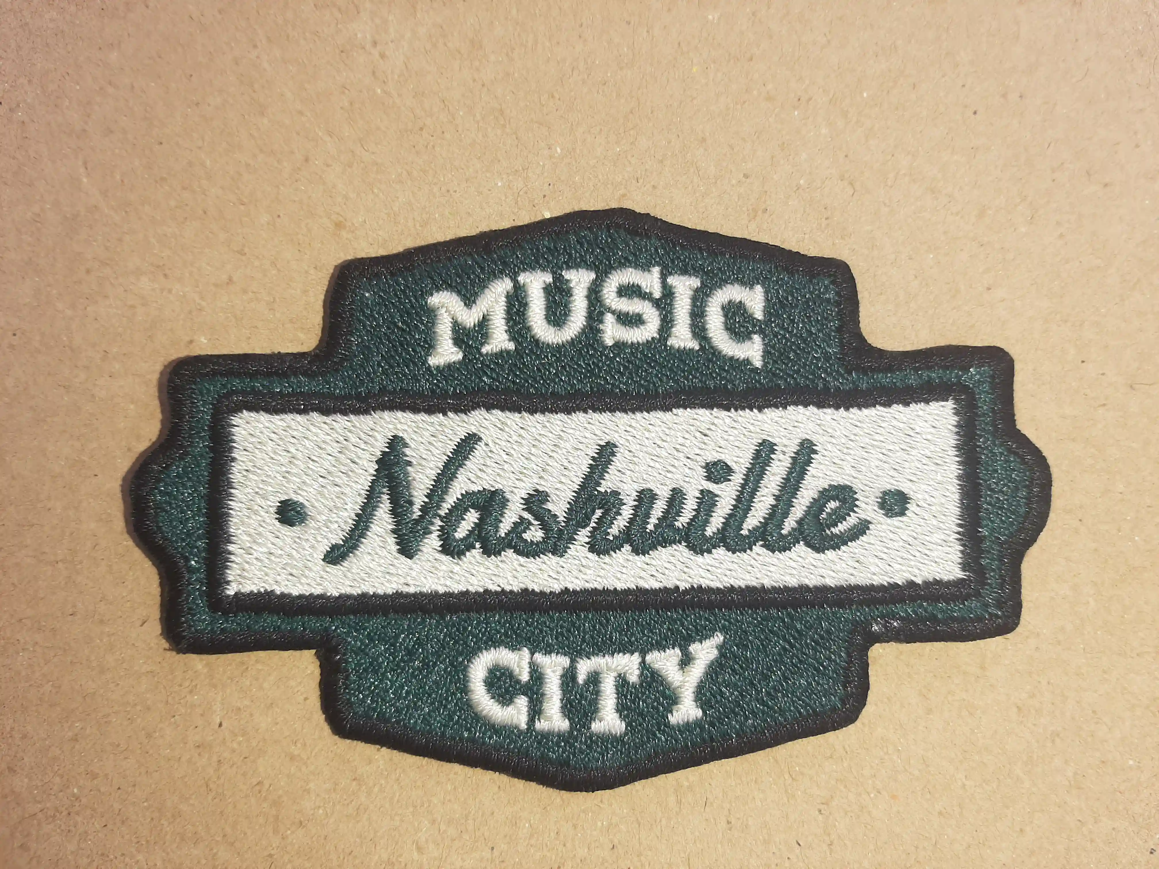 Vintage signage style patch with name drop of your city and your business name.  Create your own style like this Music City Nashville Souvenir_Gift